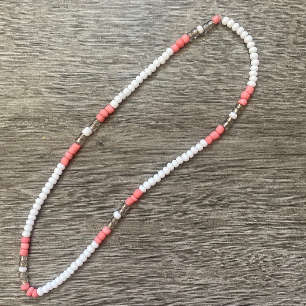 beaded choker. white with accents of pink & gold.